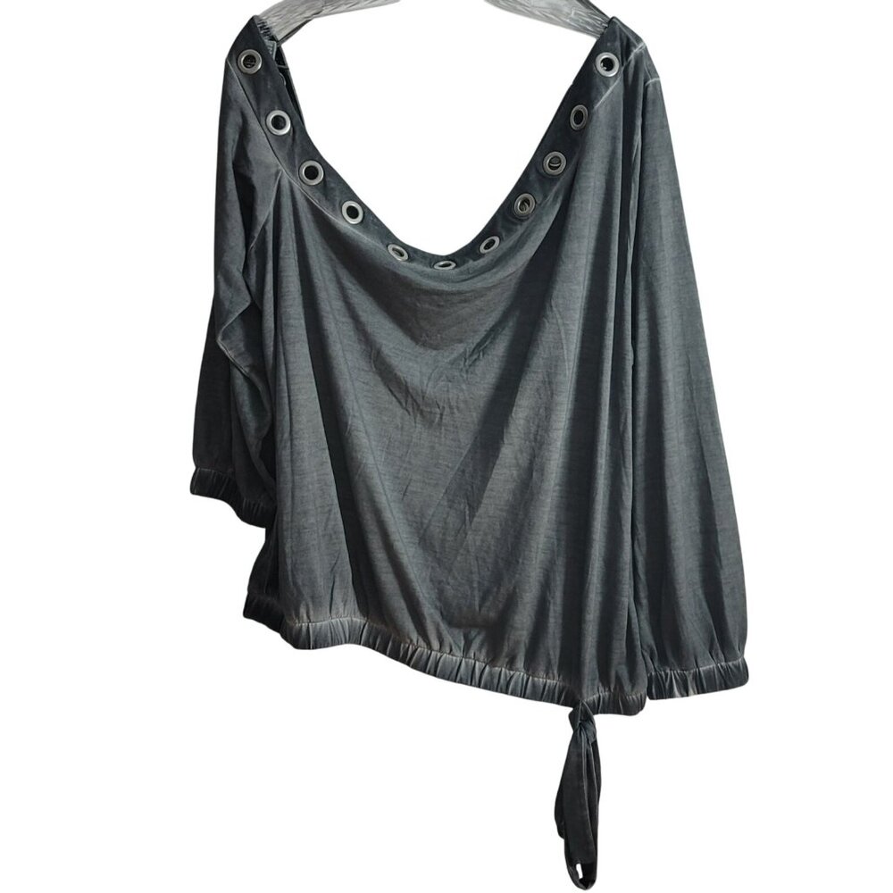 Venus Oversized Slouchy Top Gray 2X Long Sleeve Pullover Side Tie Grommets Rings